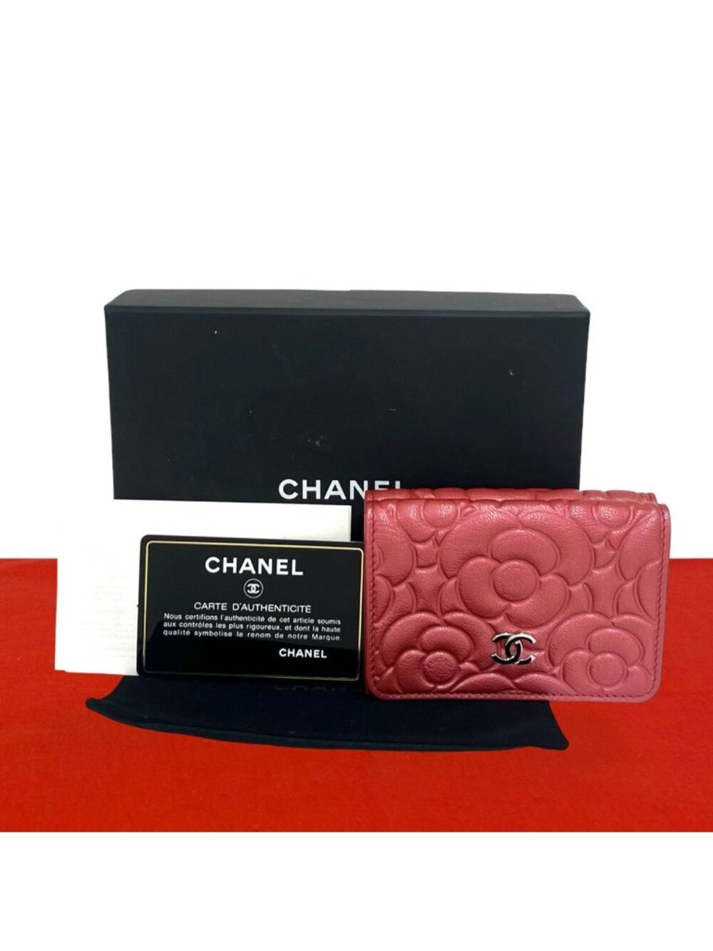 Chanel CC Logo Camellia Leather Trifold Wallet Metallic Red